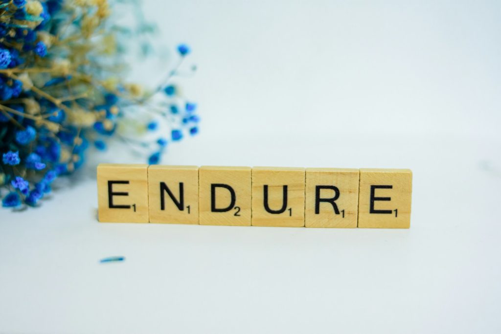 a scrabble type block spelling the word endure